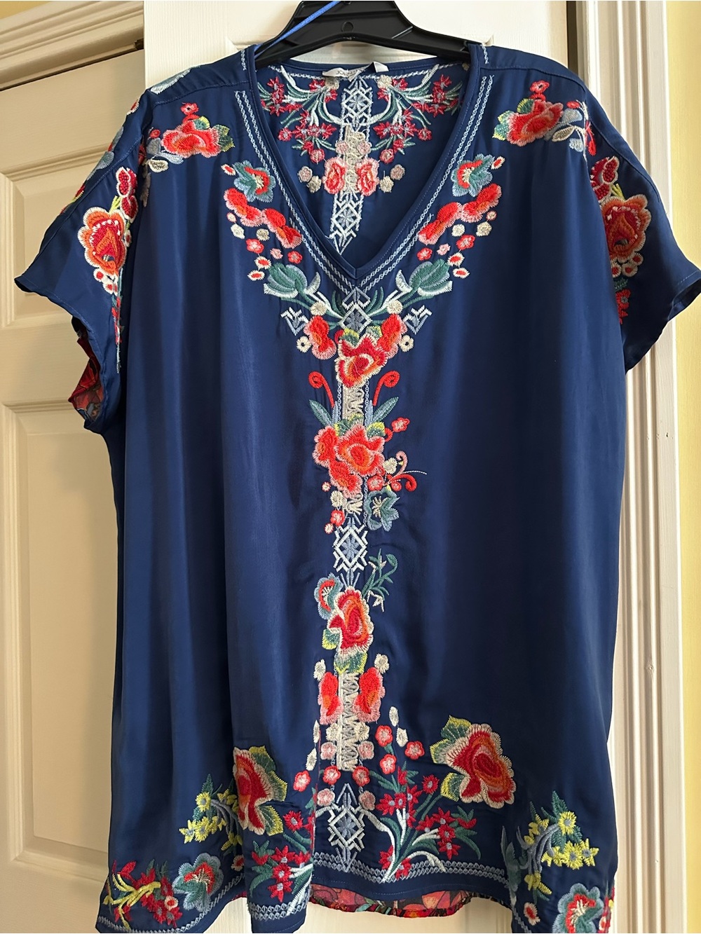 John Mark XL Embroidered V-Neck Floral Tunic Top - Blue